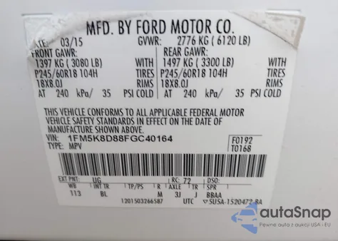 2015 Ford Explorer Xlt z USA, uszkodzony, nr VIN 1FM5K8D88FGC40164